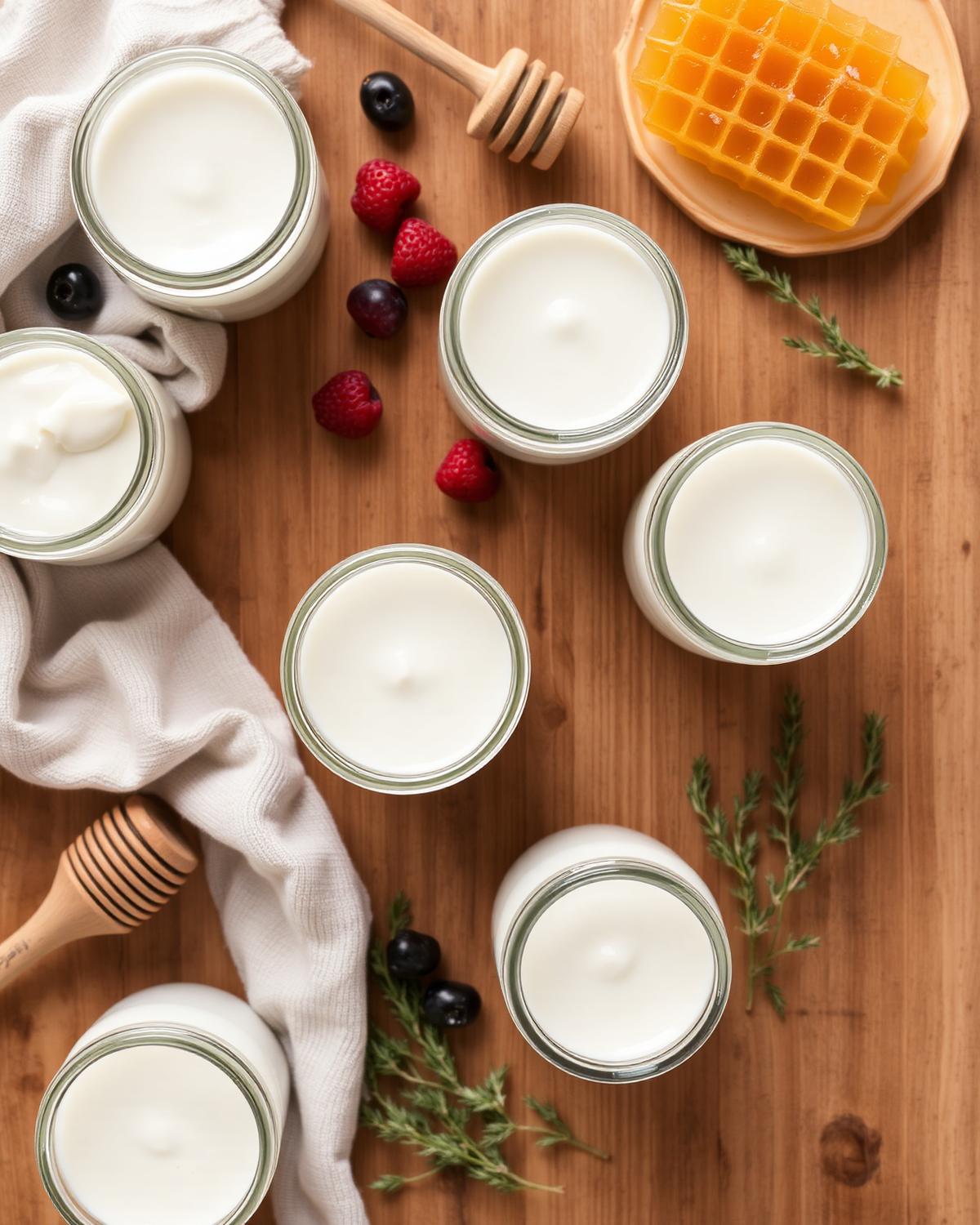 Open tubs of yogurt on a wooden counter with berries and honeycomb